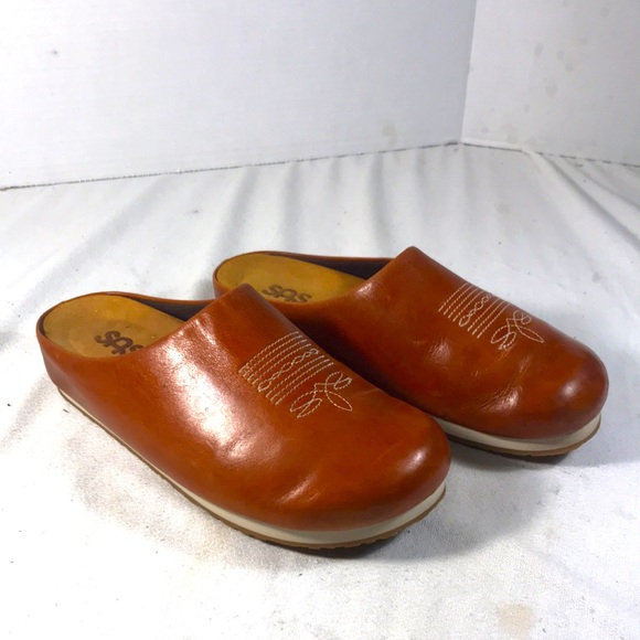 SAS Hinny Casual Mule Women’s Brown Leather Embroidered Rounded Toe Slip-On Shoe - Picture 1 of 9